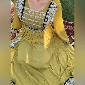 Elegant Afghan Olive Embroidered Dress